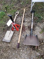 2 shovels, jack, and rake/hoe