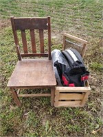 misc lot- wood chair, tool bag, pipes, etc.