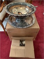 LARGE SILVERPLATE PUNCHBOWL W PLATTER CUP & LADLE