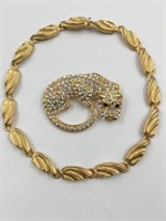 Costume Gold Necklace and Animal Brooch