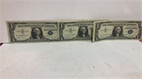 3 Silver Certificates $1 Dollar Notes- (3) 1957 B
