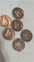 6 Mercury Silver Dimes 19??,1918,1944,1935,1936,