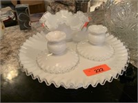 LOT OF FENTON CAKE STAND / CANDLESTICKS MORE