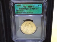 Cased and Graded 2007 Washington Dollar coin with