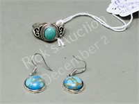 Turquoise & silver ring (8) & earrings