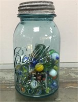 Blue Ball jar with marbles