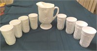 White pitcher and 8 glasses - grape vine & leaves