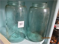 2 Vtg. Green Qt. Canning Jars