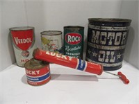 LOT OF OIL CANS AND SPRAYER