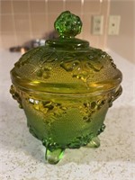 Green and Amber Glass Grapevine Pattern Compote
