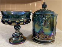 Blue Carnival Glass Compote and Candy Dish 5.25”