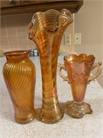 (3) Orange Carnival Glass Vases 11” and Smaller