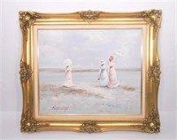 Women at Beach Painting Signed Marie Charlot
