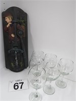 FANCY CAST IRON BOTTLE OPENER & 6 WINE GLASSES