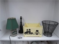 2 LAMPS, WOODEN CRATE, WASTE BASKET