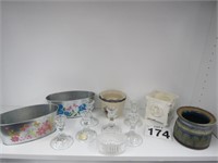 MISC LOT - CANDLE HOLDERS, TINS, CERAMIC POT