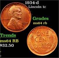 1934-d Lincoln Cent 1c Grades Choice Unc RB