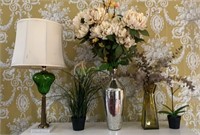 Vintage green glass and marble table lamp with a