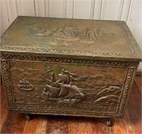 Vintage embossed brass wooden box with hinged