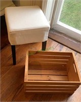 White canvas cushion top side stool with a wooden