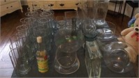 Glass lot - card table full of glassware, candle