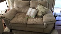 Furniture - tan suede style love seat with two