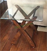 End tables - crossed wooden base with glass top