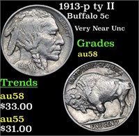1913-p ty II Buffalo Nickel 5c Grades Choice AU/BU