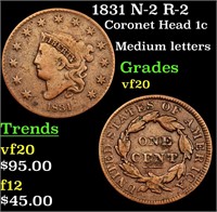 1831 N-2 R-2 Coronet Head Large Cent 1c Grades vf,