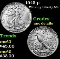 1945-p Walking Liberty Half Dollar 50c Grades Unc