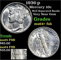 1936-p Mercury Dime 10c Grades Choice Unc+ FSB