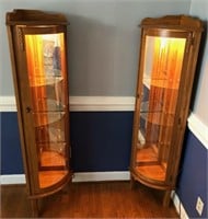 Pair of Lighted Corner Curio Cabinets