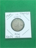 1944 Canada Silver 10 Cents ASW .06oz KM 34