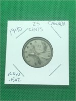 1940 Canada Silver 25 Cents ASW .15oz