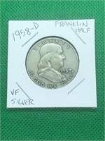 1958-D Denver Franklin Silver Half Dollar VF Grade
