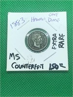 Extra Rare 1883 Hawaii One DIme Counterfeit MS