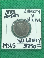 RARE 1883 No Cents Liberty V Nickel MS65
