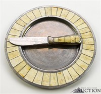 Pewter Cheese Plate w/ Inlay & Knife