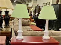 (2) Tall White Lamps with Green Shades