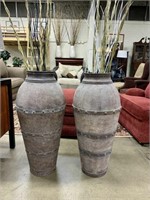 Qty (2) Tall Metal Vases w/Reeds