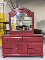 Red dresser w/ large vanity mirror