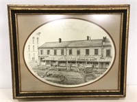 Framed western town store etching