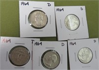 5 1964 D Washington Silver Quarters