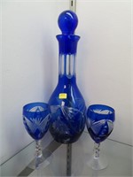 Blue Cut to Clear Decanter & 2 Stemware