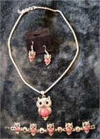 Vintage Owl Jeweled Necklace/Bracelet/Earrings Set