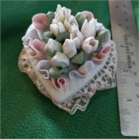 Heart shaped porcelain  and lace 3 inch trinket bo