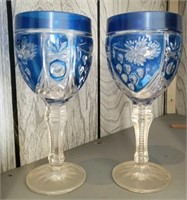 2 BLUE & CUT to CLEAR GLASS CHALICES