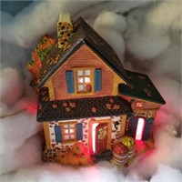 VILLAGE HOME with Pumpkins, LIGHTED, 2 Pics