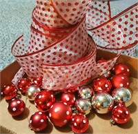 RED & SILVER: 3 SPOOLS of RIBBON, 19 ORNAMENTS