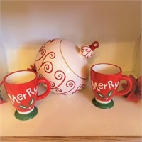 CHRISTMAS COOKIE JAR & 2 "MERRY" MUGS